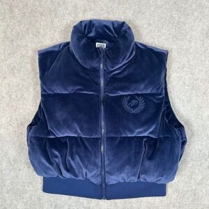 PINK Victoria's Secret Puffer Vest Women Small Navy Blue Corduroy Velvet Crest